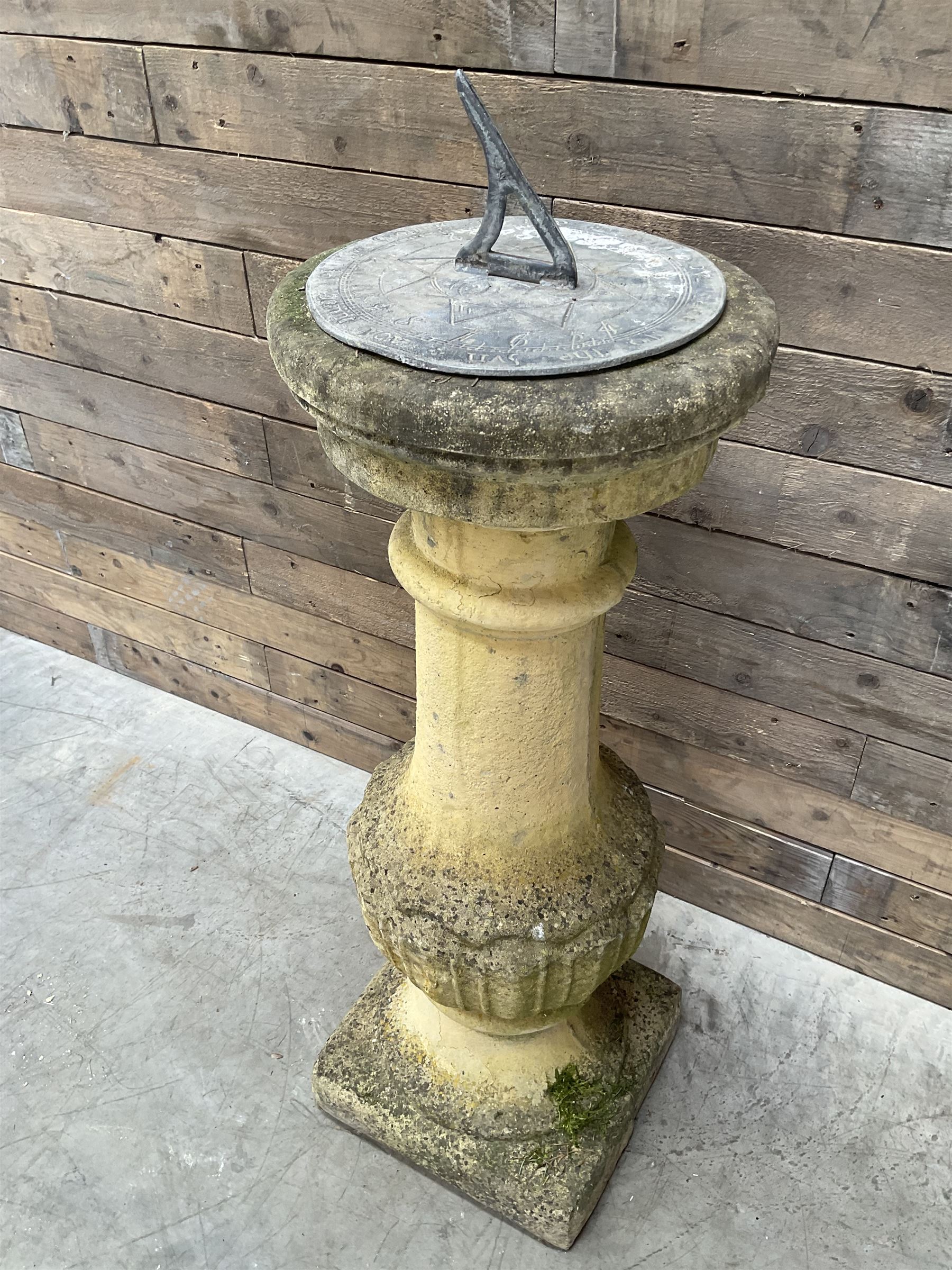 Victorian design cast stone sun dial, circular column with lead NESW plate