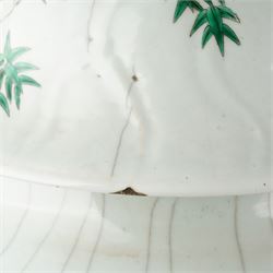 Late 19th century Chinese famille verte crackled ice pot and cover, of ovoid form, decorated with birds, blossom and bamboo, the cover with handle formed as a root, with hardwood display stand H50cm