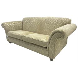 Traditional design three-piece lounge suite - three-seat sofa (W220cm, H90cm, D90cm); two armchairs (W115cm); and two footstools (77cm x 43cm, H31cm); upholstered in cream damask fabric