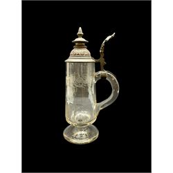 19h century Bohemian cut glass stein with metal mounts, a pair of 19th century Bohemian cut glass tankards decorated with deer, stein H28cm  