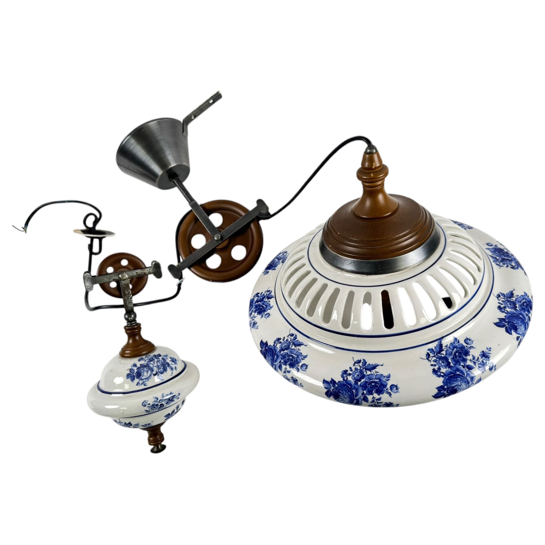 Ceramic ceiling light, with weighted pully system, the ceramic shade and weights decorated with roses