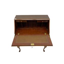 Early to mid 20th century mahogany bureau, fall front with fitted interior, two drawers, on acanthus carved cabriole supports