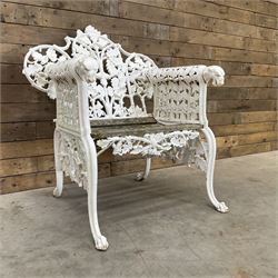 20th century Coalbrookdale design cast iron oak leaf and acorn armchair, white painted cast iron frame with slatted wooden seat, the pierced and shaped back decorated with scrolling oak branches and leafage, flanked by dog mask arm terminals over cabriole supports with paw feet