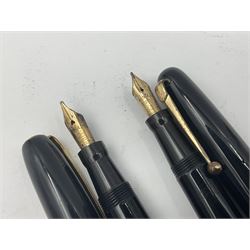 Three Swan Mabie Todd fountain pens, comprising Self Filler 3162 with black barrel and cap with single band and gold nib stamped Eternal 1 14ct, together with two Calligraph examples with gold nibs stamped 14ct, one with box, largest L12.5cm