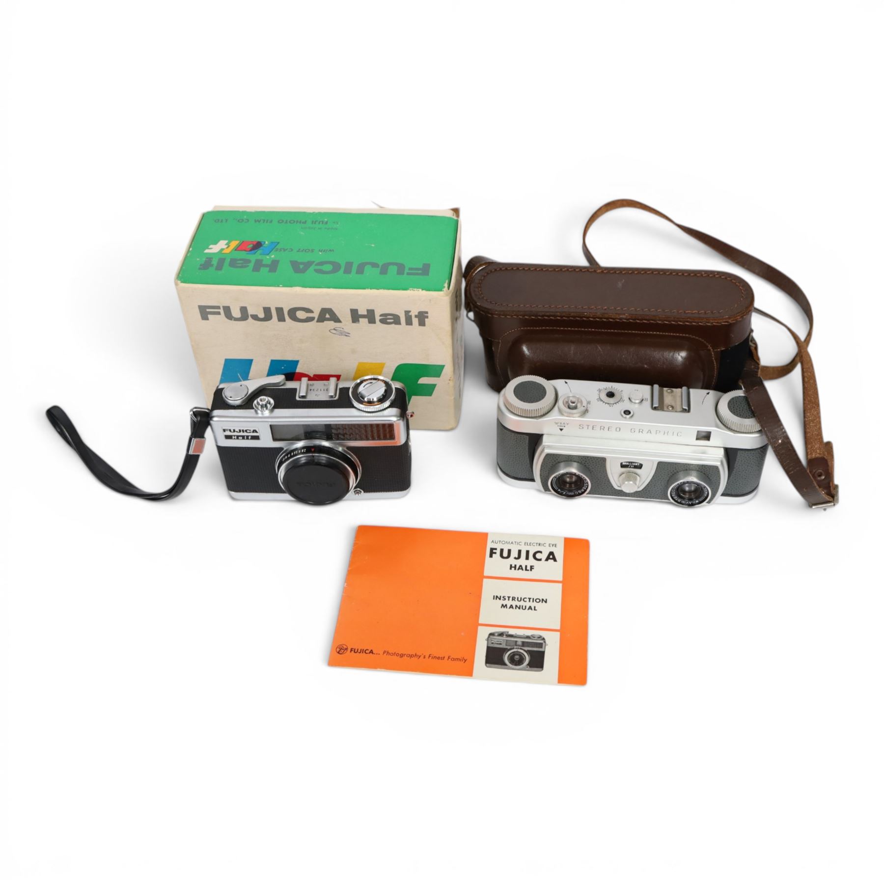 Wray Stereo Graphic 35mm camera, together with a boxed Fujica Half camera