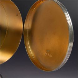 Late Victorian silver lunette, of plain circular form with hinged cover opening to reveal gilt interior, upon a circular domed foot, hallmarked Lambert & Co, London 1897, H13cm