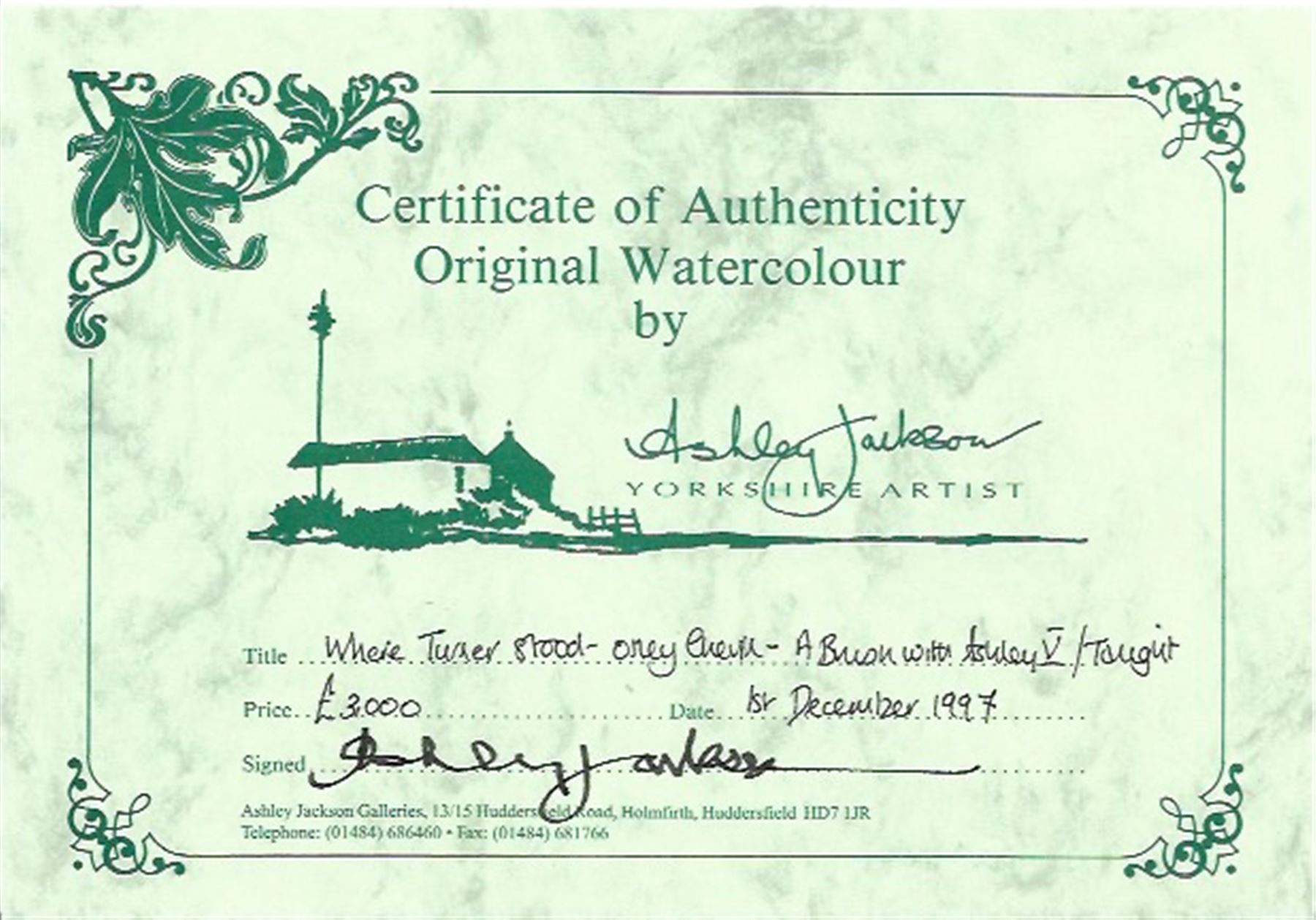 Ashley Jackson (Yorkshire 1940-): 'Where Turner Stood - Otley Chevin', watercolour signed, titled on accompanying certificate of authenticity 41cm x 55cm
Provenance: Purchased directly from the artist as part of his TV series 'A Brush with Ashley'