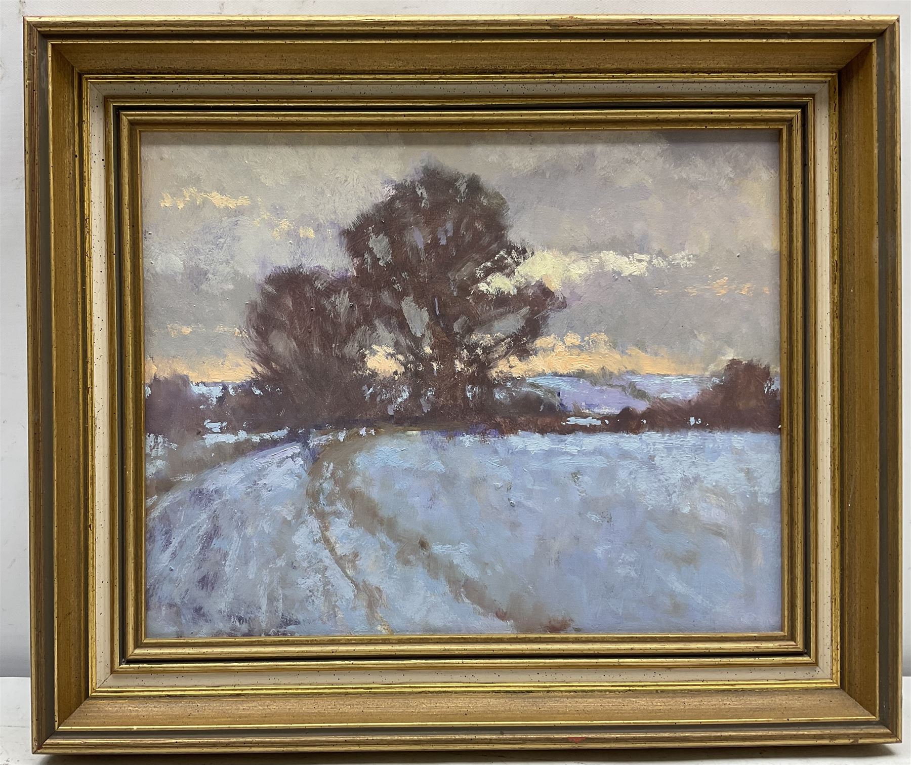 Oliver Warman RBA ROI (British 1932-2017): 'Evening' Winter Landscape, oil on board, signed and titled verso 23cm x 29cm
