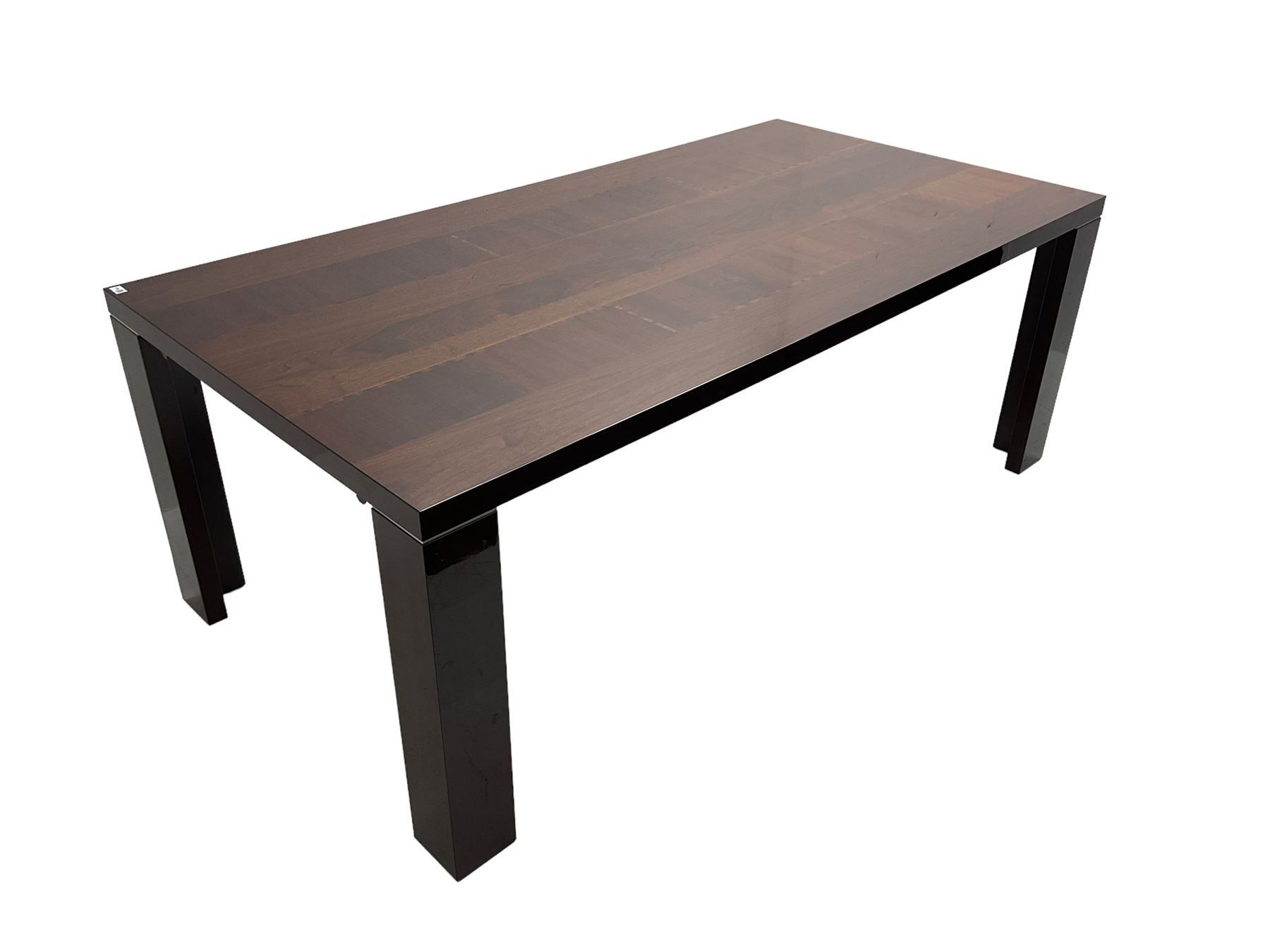 Large American walnut rectangular dining table on square block supports, together with set eight high back dining chairs with cream upholstered seats, the top and chair backs with matching inlaid geometric banding