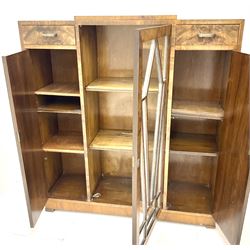 Art Deco walnut display cabinet, central astragal glazed door flanked by two drawers and two cupboards 