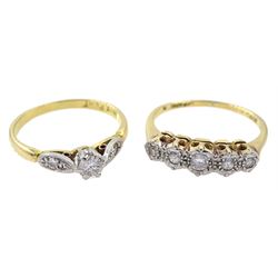 Gold single stone diamond ring, with diamond set shoulders and an illusion set five stone diamond ring, both stamped 18ct & Plat