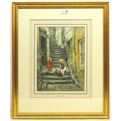 Albert George Stevens (Staithes Group 1863-1925): Children on the Steps Whitby, watercolour signed 33cm x 24cm