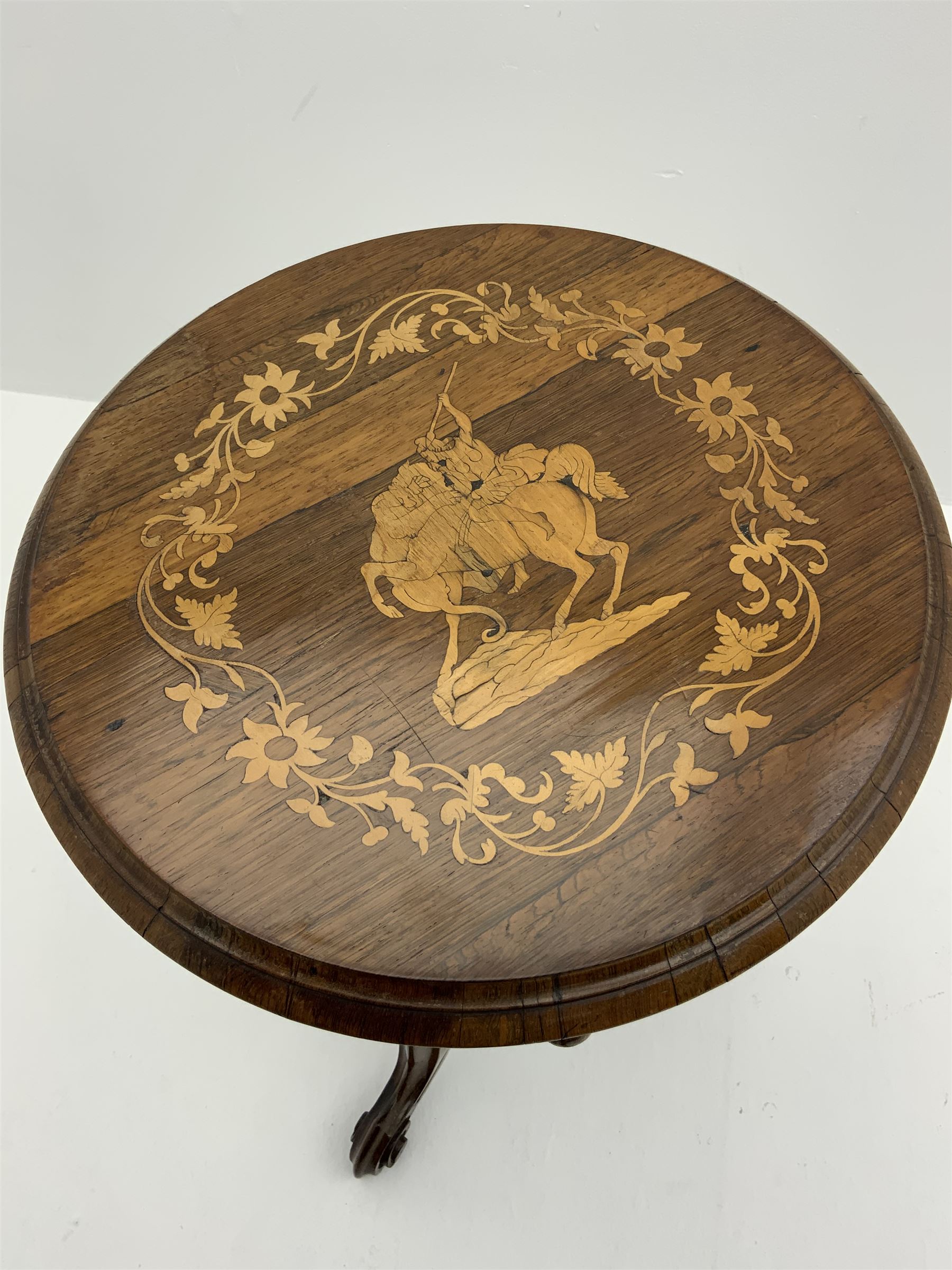 Victorian inlaid rosewood work sewing box, curved trumpet form with circular hinged lid inlaid with warrior woman on horse surrounded by trailing foliate, fitted interior, on scrolled carved splayed supports