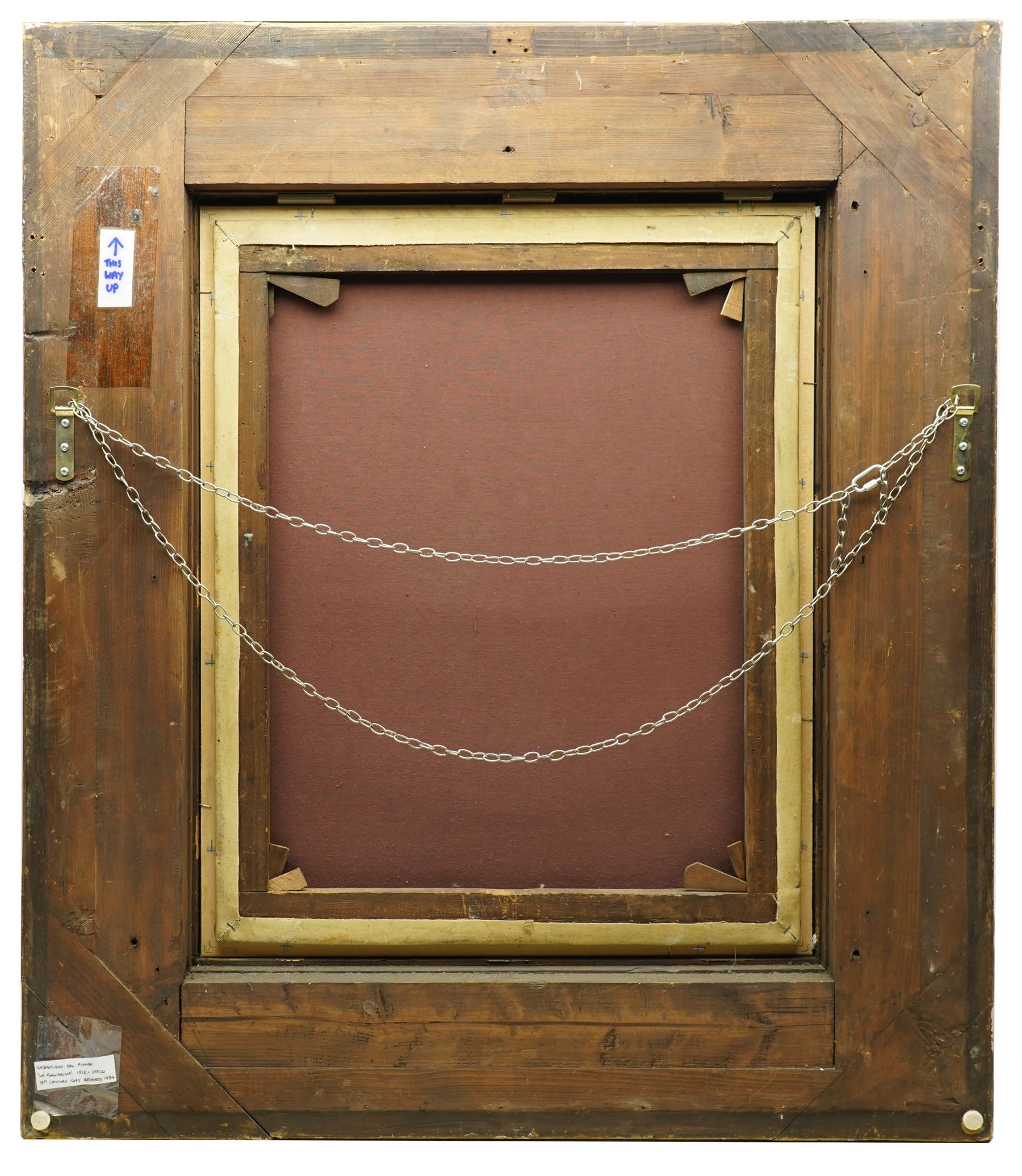 After Sebastiano del Piombo (Italian c.1485-1547): Half Length Portrait of a Lady in a Fur-trimmed Coat - 'La Fornarina', early 19th century oil on canvas unsigned 65cm x 52cm, housed in ornate giltwood and gesso frame with moulded acanthus leaves, overall 100cm x 87cm
Notes: the original, previously attributed to Raphael, is held in the Uffizi Gallery, Florence.