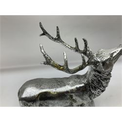 Pair of Composite silvered stags, on rectangular bases, H38cm