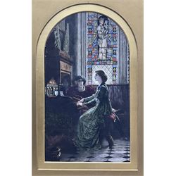 After Sir Frank Dicksee (British 1853-1928): 'Harmony', textured hand coloured line engraving signed and dated 1878 in the plate 40cm x 23cm
Notes: Shortly after Dicksee was granted a studentship to enter the Royal Academy Schools, he joined the Langham Sketching Club. One evening the set subject was 'Music'. Encouraged with the sketch he had made Dicksee decided to make a repetition of it in oil. In 1877, when he was only 24 years old, the painting was exhibited at the Royal Academy with the new title Harmony. Presented to the Tate by the Trustees of the Chantrey Bequest 1877. Harmony is one of the most well known pictures by Dicksee