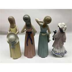 Four Lladro figures, comprising Prissy no 5010, The Dreamer no 5008, Naughty Girl no 5006 and My New Pet no 5529, three with original boxes, largest example H25cm