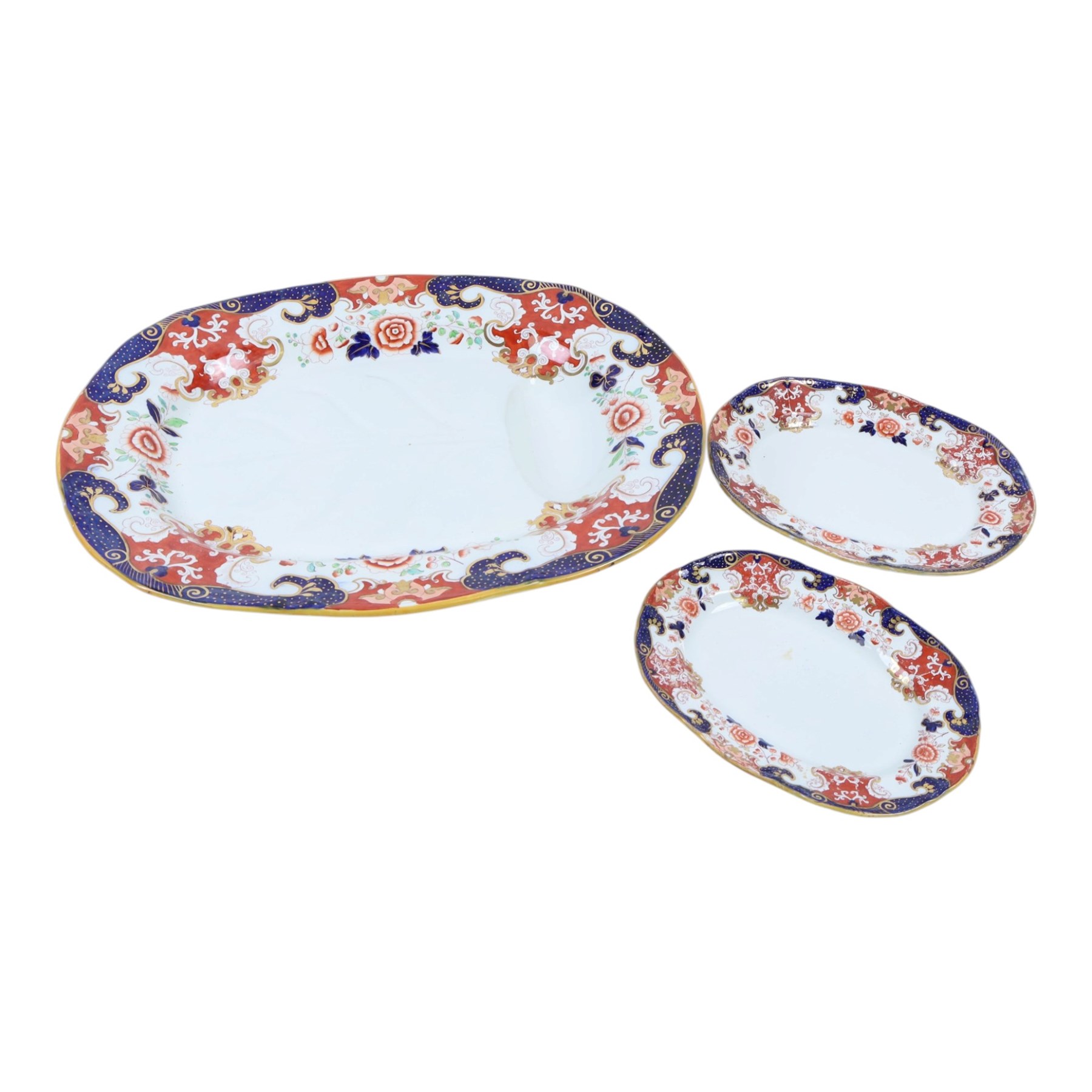 Ironstone Imari pattern meat plate and two similar plates, platter L52cm