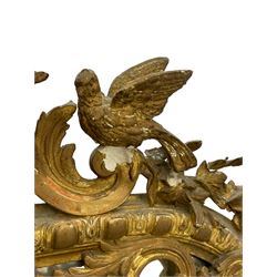 19th century giltwood and gesso pier mirror, shell cartouche pediment decorated with flower heads and scrolling foliage, two bird motifs to each side, egg and dart moulded frame with beaded inner slip, plain mirror plate, each corner mounted by scrolled acanthus leaves and cartouches