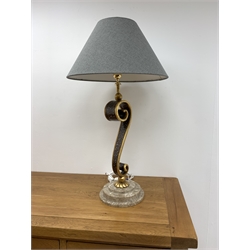  Large gilt and simulated stone 'S' form table lamp on a stepped polished stone effect base, blue/grey tone Hessian type shade, H93cm  