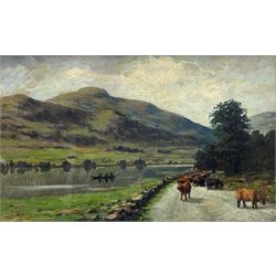 J Gibb (19th century): Scottish Highland Cattle by the Lochside, oil on board signed, further view verso 23cm x 37cm