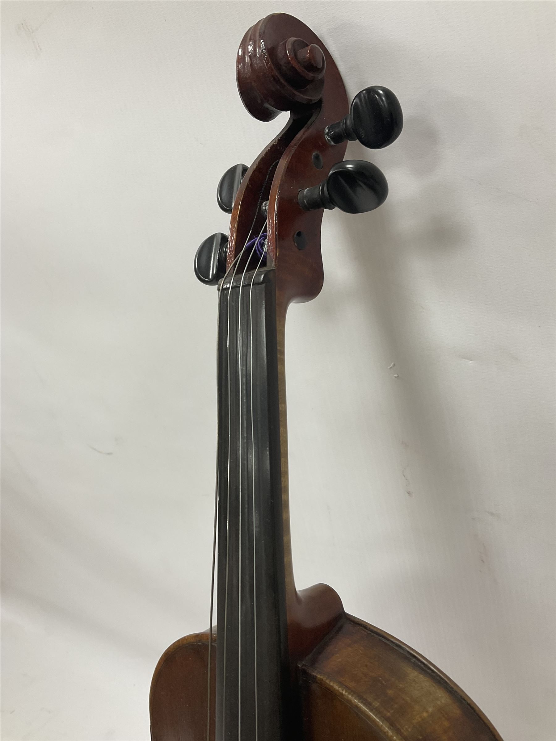 Full size violin and bow in a wooden constructed fitted case, back length 35cm, full length 60cm