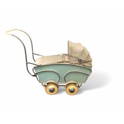 Mid 20th century Dutch baby pram/stroller, with wooden teal sides and chrome chassis, with retailers label for Mors Ouderwetse Kinderwagens, handle H100cm, L130cm