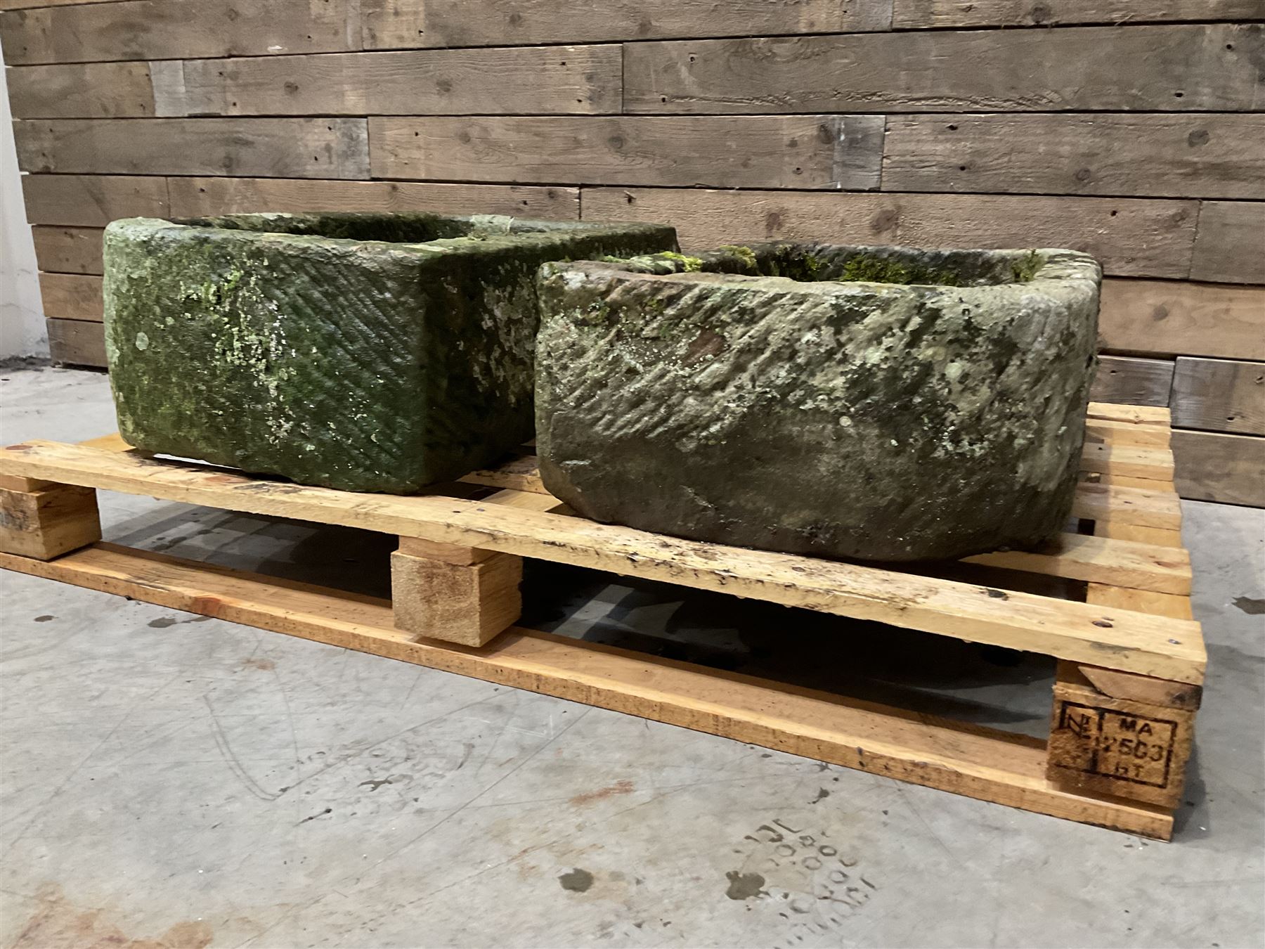 Two 19th century rectangular stone troughs (W72cm, D46cm, H25cm & W70cm, D44cm, H23cm)
