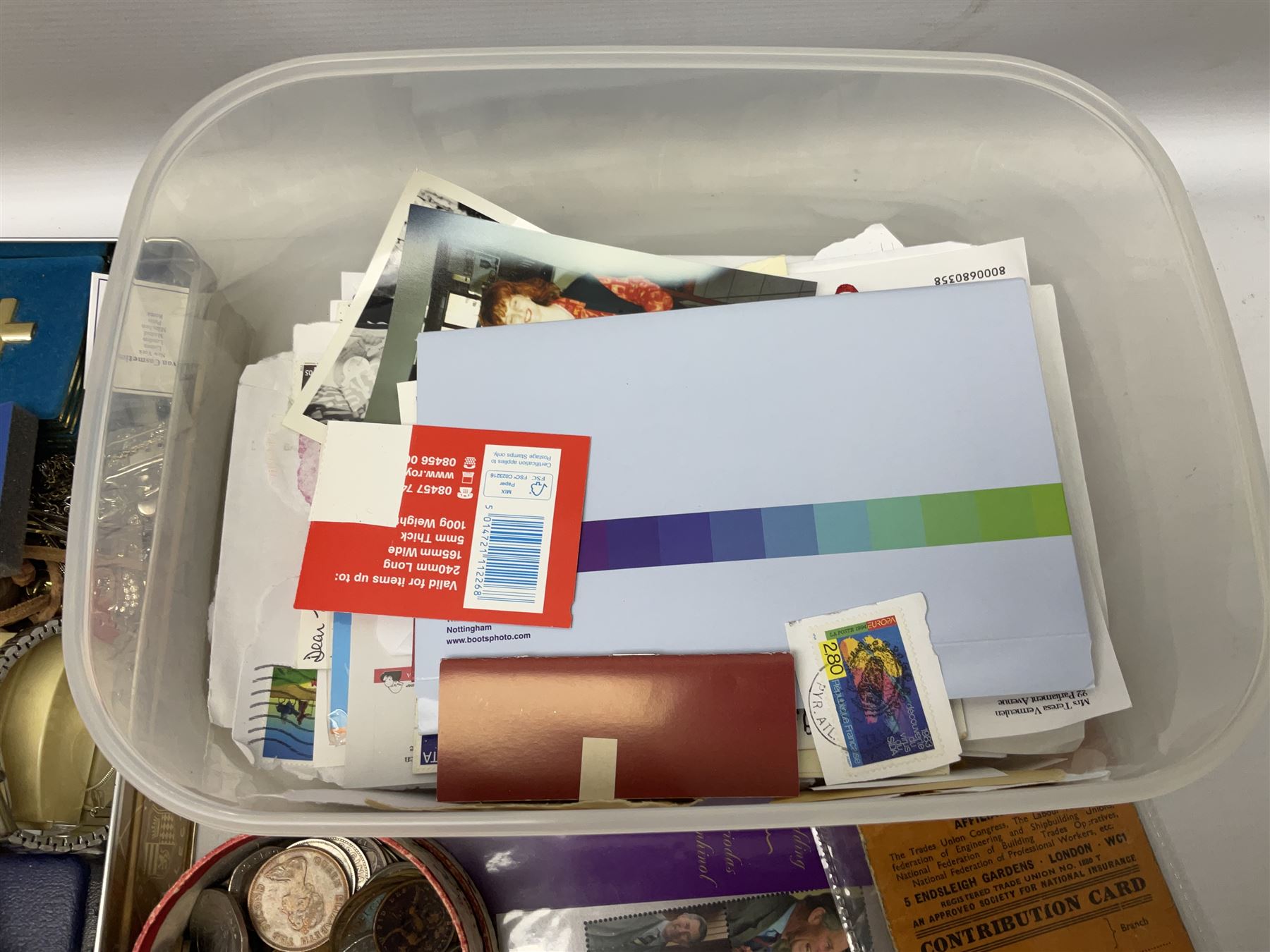 Pair of 9ct gold heart design hoop earrings and 9ct gold pearl earring together with a small collection of silver, costume jewellery and a collection of stamps including some useable postage 