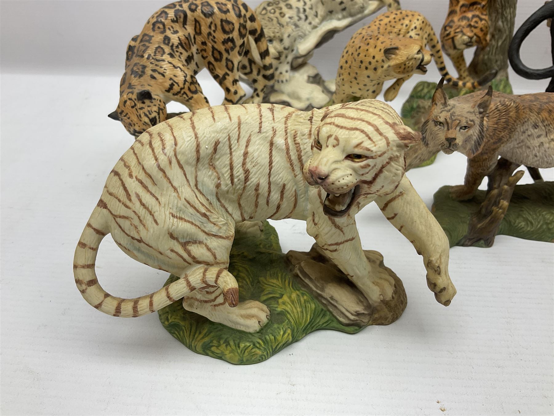 Ten Franklin Mint National wildlife Foundation Big Cats of the World figures to include, White Bengal Tiger, Jaguar, Cougar, Cheetah, Clouded Leopard etc, with display stand