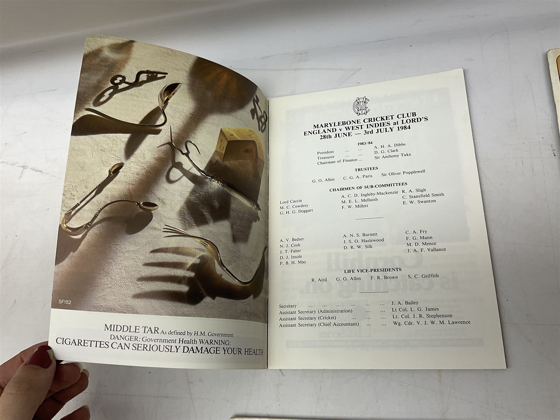 Four mid-late 1980s cricket programmes to include signed England vs Pakistan 1987 example, signed Bill ( Charles William Jeffrey ) Athey and two others indistinct 