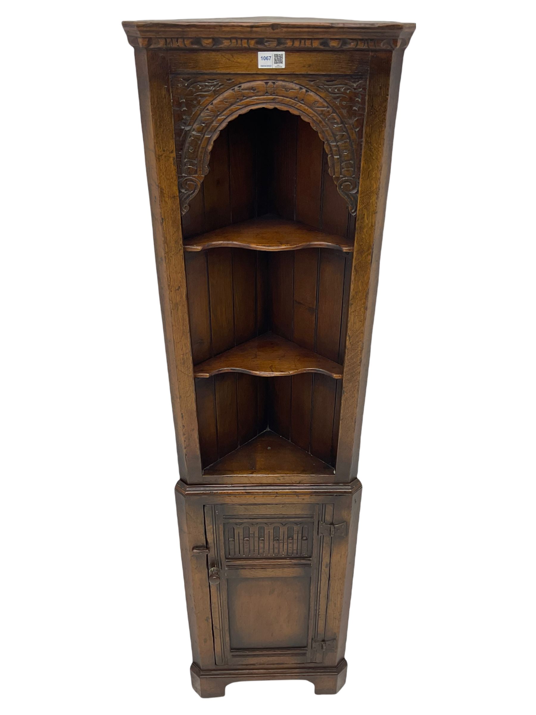 Narrow 20th century distressed oak corner cupboard, fitted with two