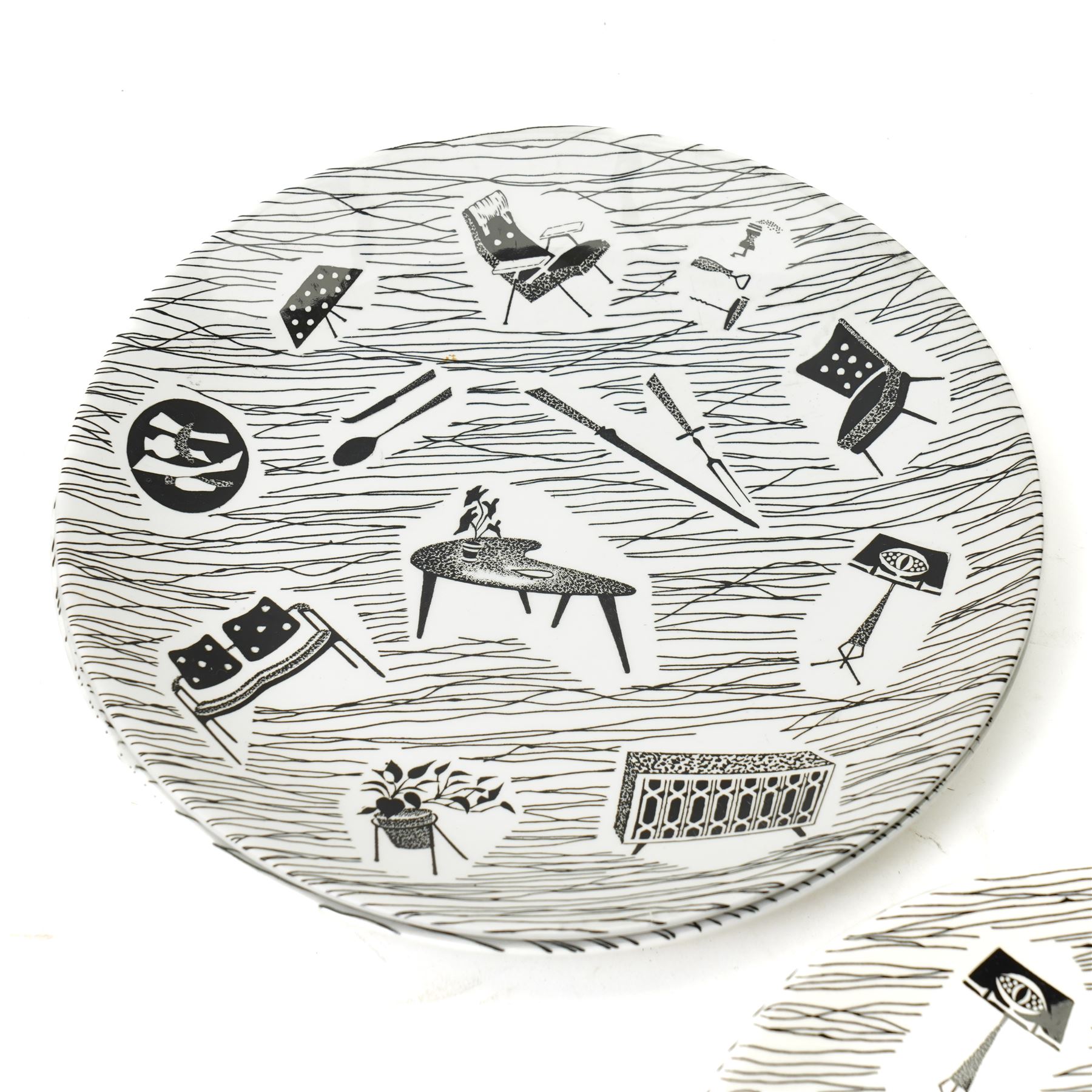 Enid Seeney for Ridgway Potteries 'Homemaker' pattern tea and dinner wares, c1950s/1960s, comprising three teacups and saucers, four small bowls, three larger bowls and twelve plates of graduating sizes