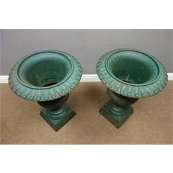  Pair 20th century green painted cast iron garden urns, D55cm, H70cm  
