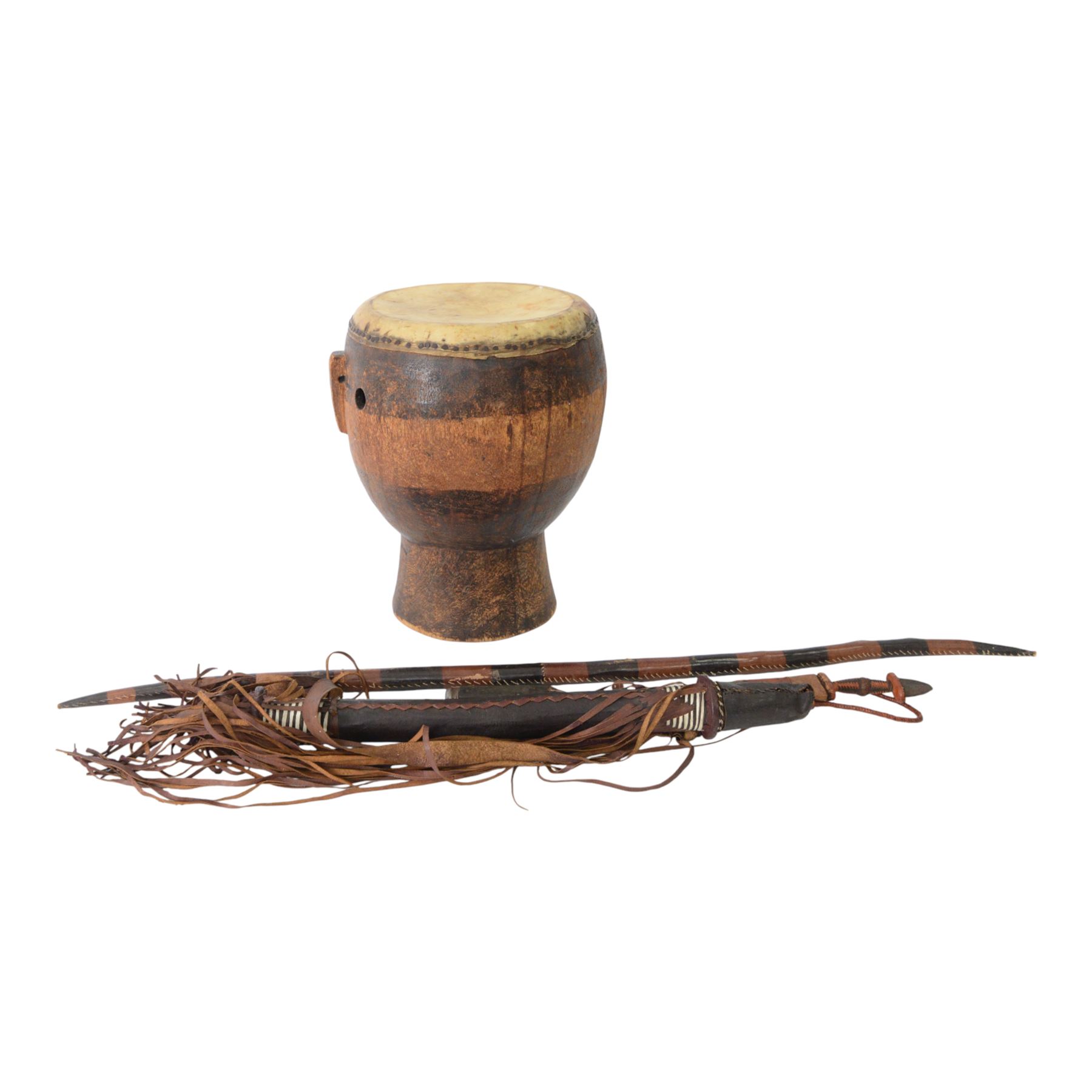 Tuareg hunting dagger, together with military penknife, drum, leather covered spear etc