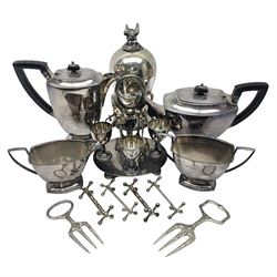 Silver-plated egg coddler, with nesting bird finial, together with other silver-plated items comprising four piece tea service, two pairs of knife rests, two serving forks and a boiled egg set, coddler H