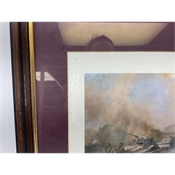 After Alan Fernley, colour print 'The Bridge at Arnhem', signed on the mount, 37 x 50cm; and after John Sellars, colour print 'Pegasus Bridge. Early Morning of D-Day 6th June 1944 Benouville Normandy'; both in mahogany stained frames (2)