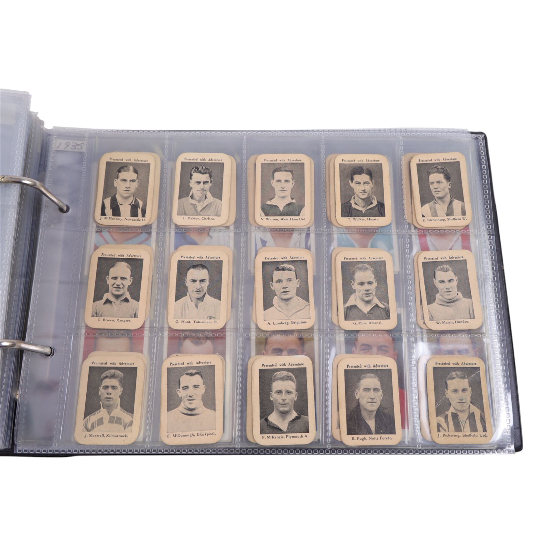 Collection of 1930s and later Football related trading and cigarette cards, including complete set of sixteen 1936 Topical Times Panel Portraits of Star Footballers, collection of further 1930s Footballer Panel Portraits, complete set of twenty-five 1955 The Wizard Famous Footballer cards, complete set of fifty Wills Association Footballers 1935, complete set of fifty Godfrey Phillips International Caps cards, etc, housed in three albums