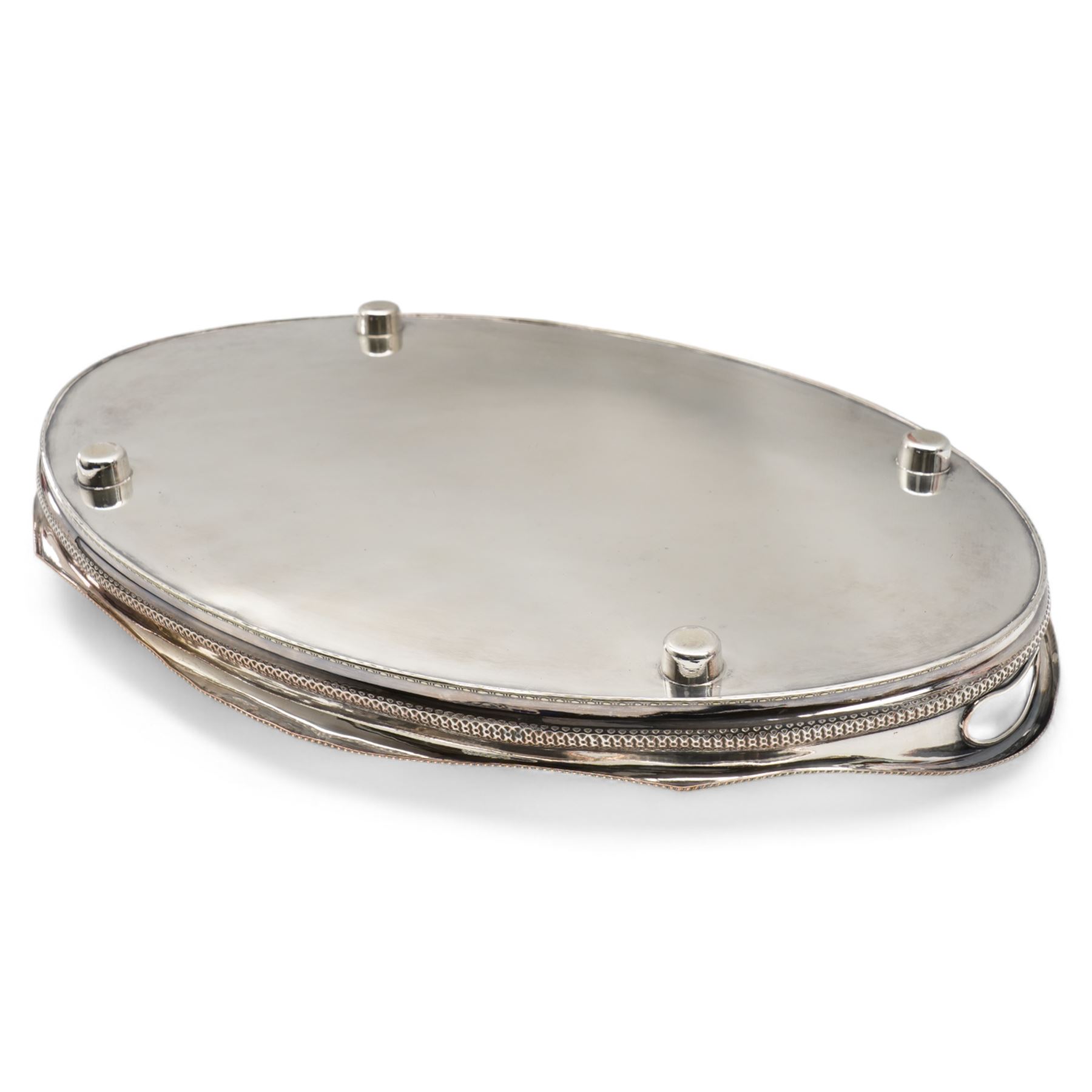 Silver plated oval gallery tray with pierced border and gadrooned edge with integral handles L63cm
