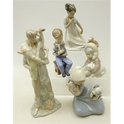  Three Lladro figures Eskimo boy with Polar Bear, Girl with dog and cat, Farmer with Calf and two similar Nao figures (5)  