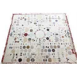 Large early Victorian patchwork quilt, worked with various fabrics in an array of geometric and other shapes, by Sarah Ann Oldfield and dates 1844, approximately 237cm x 268cm 