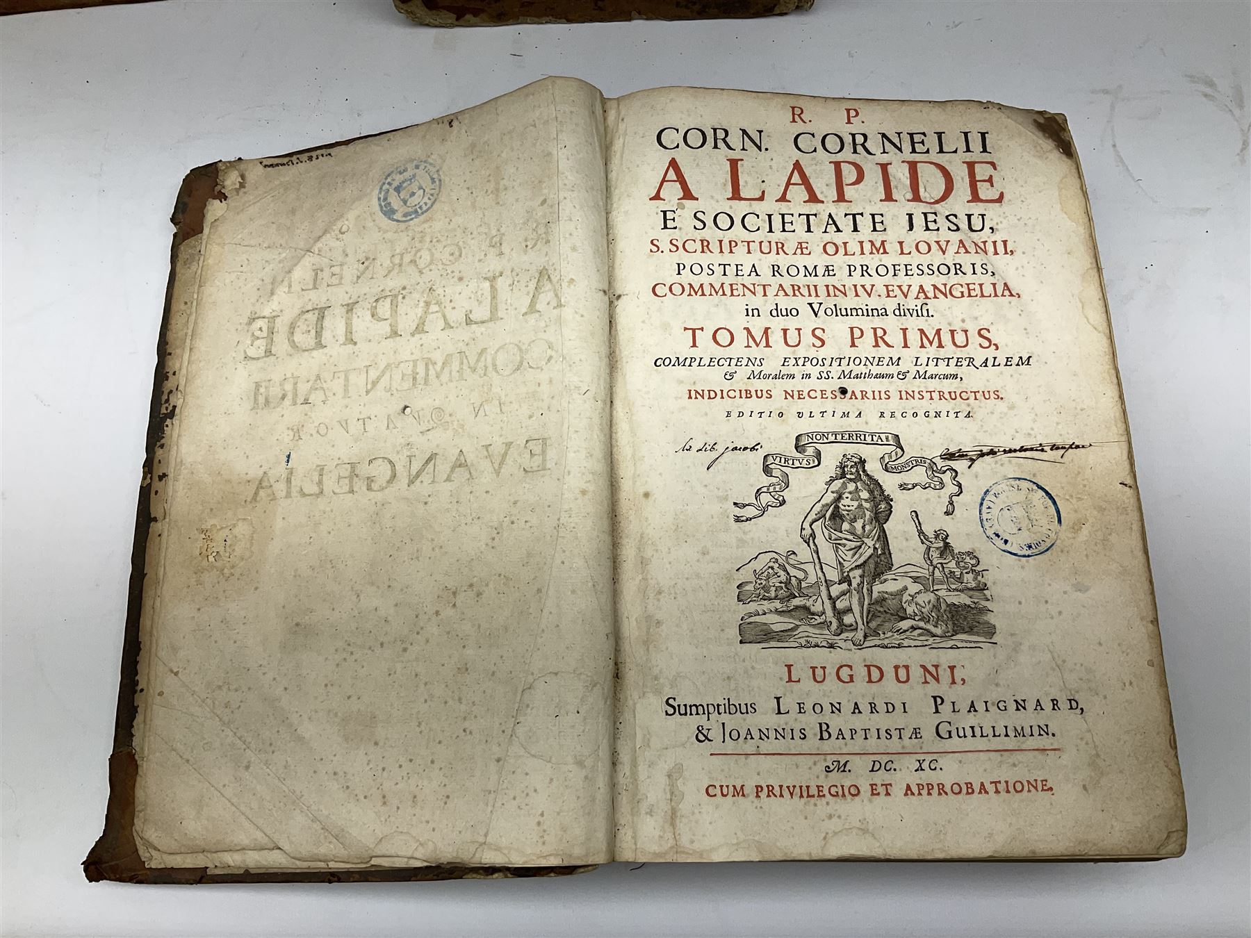 Three 17th century Lugduni (Lyon) printed books each with engraved title page in red and black comprising R.P. Corn Cornelii A Lapide .... Tomus Primus. 1690; R.P. Cornelii Cornelii A Lapide .... 1683; and Hortus Pastorum Sacrae Doctrinae Floribus Polymitus .... 1668. All folio with full calf bindings (3)
