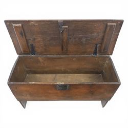 18th century oak coffer, with patinaed plank top, with iron strap hinges and latch 