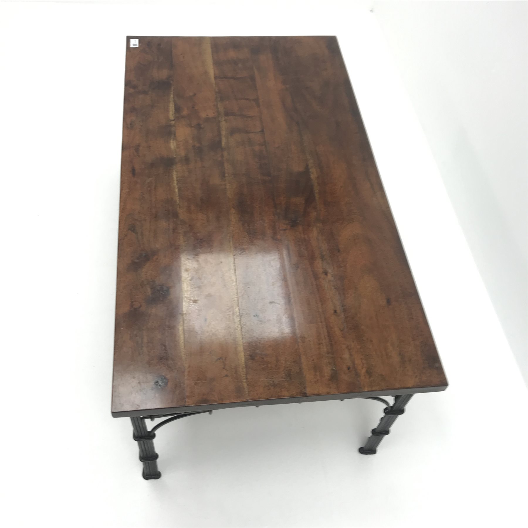 Laura Ashley rectangular hard wood coffee table, wrought metal supports (W110cm, H46cm, D61cm) and matching lamp table (W60cm, H61cm, D60cm)