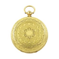 Victorian 18ct gold open face key wound lever pocket watch, No. 33202, gilt dial with Roman numeral hour markers, engraved foliate case with empty cartouche, case makers mark A W, London 1871