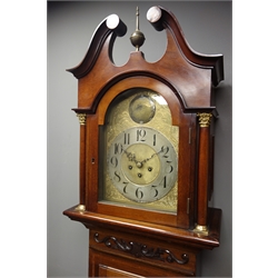  Edwardian mahogany and satinwood banded longcase clock, swan neck pediment, arched glazed door, turned columns with gilt metal capitals, shell inlays, 'Tempus Fugit' engraved brass dial with silvered Arabic chapter ring, triple train Westminster chime movement, chiming the quarters and striking the hours on rods and coil, H200cm  