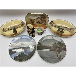 A collection of  Royal Doulton ceramics, comprising of two Dickens ware serving bowls, one with Sairey Gamp decoration and one with Faigan decoration, a Rustic England square serving dish and two decorative plates Bow Falls and Niagara falls, along with a Shorter Toby jug of Long John Silver H13cm, character jug Uncle Tom Cobley H10cm.   