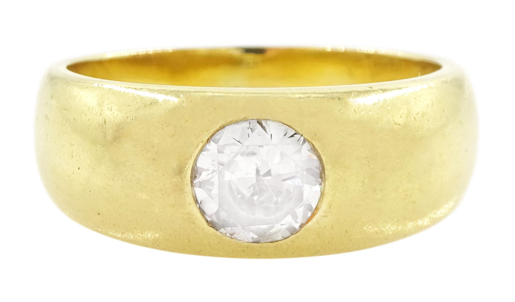 18ct gold gypsy set, single stone transitional cut diamond ring, diamond approx 0.65 carat