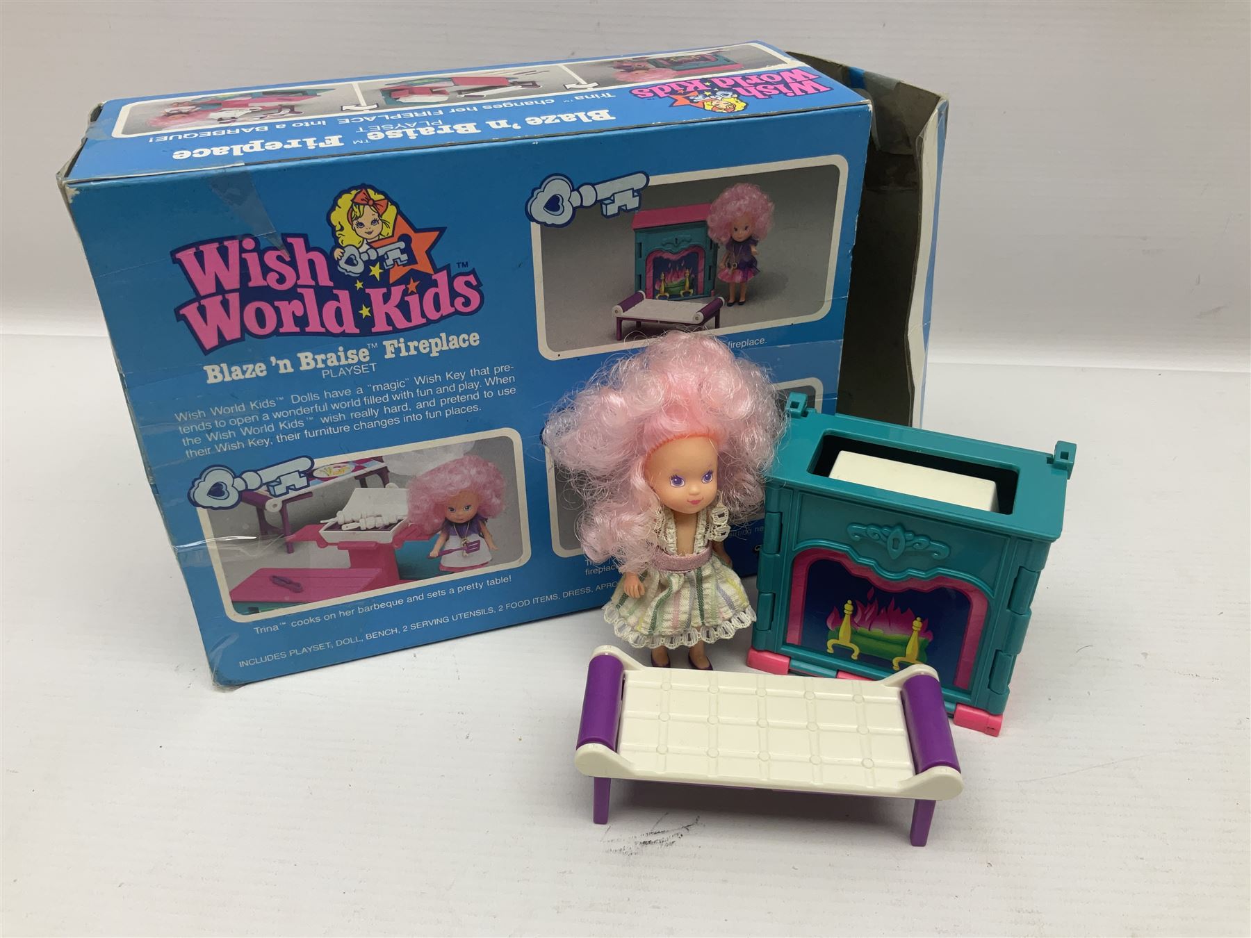 Wish World Kids - Eleven play sets comprising Treats ‘n Sweets Refrigerator, Grin ‘n Win TV, Sponge ‘n Plunge Bathtub, Socks ‘n Locks Dresser, Spice ‘n Slice Stove, Sleep ‘n Leap Bed, File ‘n Smile Desk, Blaze ‘n Braise Fireplace, Hear ‘n Cheer playset in Sponge ‘n Plunge box, two Read ‘n Speed Chair playsets in one box