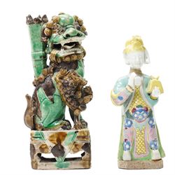 Chinese Kangxi period sancai glazed joss-stick holder, modelled as a dog of Foo, H21cm; an...